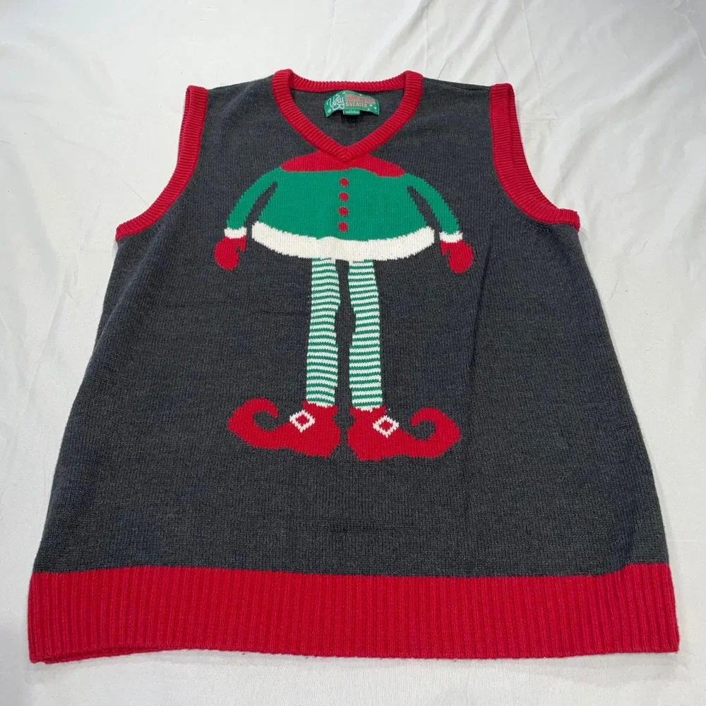 Ugly Christmas Sweater Elf Vest Mens Large Gray‎ Red V-Neck Knit Holiday Party